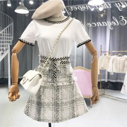 New 2019 Summer 2 Piece Set Women Fashion Short Sleeve White T-Shirts + Tweed Plaid Button Tassel A-Line Skirt Ladies Suit Set