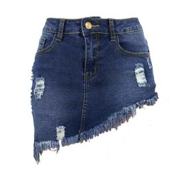 Women Short Denim Dress Skirt Ripped Hole Tassels High Elastic Mid waist jeans Knee Length Skirts A-line Casual Female