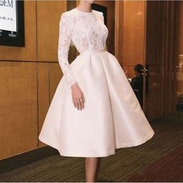 Knee Length Prom Dresses With Jewel Neck Lace Nd Satin Long Sleeves Bridal Gowns Summer Wear Cheap Women Wear Evening Dress Short