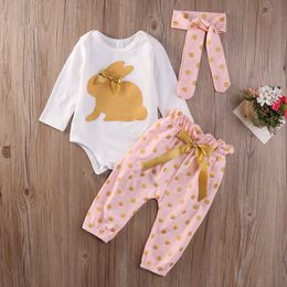 3Pcs/lot New Cute Baby Newborn Infant Girls Summer Clothes Rabbit Bodysuit Long Sleeve Bow Playsuit Pants Outfits Set