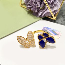 Wholesale- hot-selling copper-plated gold Jewellery Trifolium Lapis diamond double butterfly open ring with gift box