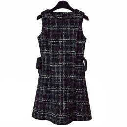 Basic Casual PERHAPS U Tweed Elegant Side bow A-line Dresses Black Plaid sleeveless summer O Neck Mini Dress D0845