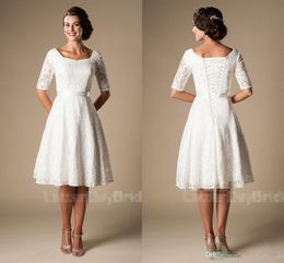 Short Wedding Dresses with Sleeves Modest Vintage 1920s' Lace Knee-length Outdoor Reception Informal Bridal Wedding Dress Budget Cheap