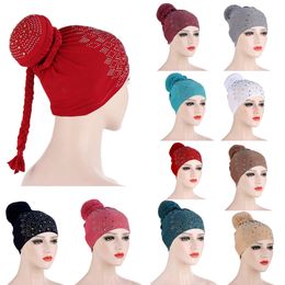 Muslim Women Knot Braid Turban Hat Bonnet Rhinestone Cancer Chemo Cap Beanies Skullies Cap Headwrap Hair Loss Hat Accessories