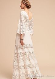 Elegant White A-Line Lace Wedding Dresses 2020 Bell Sleeve Plus Size V-neck BHLDN Full length Lace Chiffon Bohemian Wedding Bridal251Q