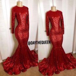 Red mangas compridas lantejoulas Vestidos Vintage 2020 Blingbling sereia alta pescoço preto da menina Prom Reflective Partido Vestidos