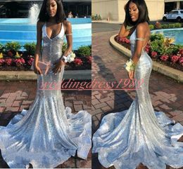 Sexy Deep V-Neck Sequined Prom Dresses 2k19 Backless Mermaid Formal Party Wear African Black Girl Evening Gowns Guest Wear Robe De Soiree