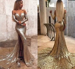 Sexy Mermaid Long Sleeves Prom Dresses Sweetheart Sequins Side Split Floor Length Evening Party Dresses Sweep Train