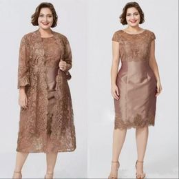 2020 Vintage Brown Plus Size Mother off bride dresses Jewel Neck Long Sleeves Lace Tea Length Wedding Guest Mothers Dress With Bolero Jacket