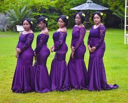African Lace Mermaid Bridesmaid Dresses Illusion Long Sleeves Sweep Train Country Style Maid Of Honor Gowns Elegant Chic Wedding Guest Dress