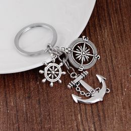 24Pcs/Lot Keychains Trinket Retro Compass Anchor Key Chain Rudder Key Ring Vintage Silver Anchor Souvenirs Keyrings Accessories