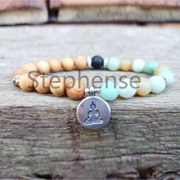 MG0706 New Design Sandwood Polished Amazonite Bracelet Womens Lava Energy Buddha Charm Bracelet Chakra Yoga Mala Bracelet