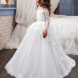 Cap Sleeves Ball Gown Flower Girls Kids Dresses Jewel Beaded Neck Lace Top Floor Length With Ribbon White Communion Party Dress