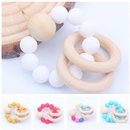 New 16 Style Baby Teether Rings Food Grade Beech Wood Teething Ring Soothers Chew Toys Shower Play Chew Round Wooden Bead Silicone teether