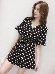 Women Polka Dot Red Jumpsuits Rompers V-neck Korean-Style 2019 New Style Female summer high Waist Was Thin Chiffon Wide-Leg