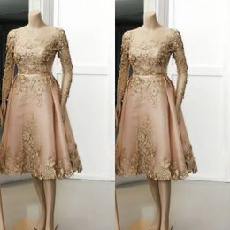 Sheer Neck Appliqued Tulle Pink Short Prom Dresses With 3/4 Long Sleeves Formal Dress Knee Length Cocktail Party Gowns robes de soirée