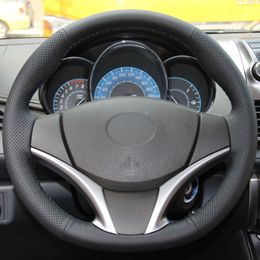 Black Leather DIY Hand-stitched Car Steering Wheel Cover for Toyota Yaris Vios 2014-2016