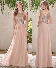 A-Line Rose Gold Sequins Top Long Chiffon Beach Bridesmaid Dresses Halter Backless Ruffles Blush Pink Maid Of Honour Gowns DH5005