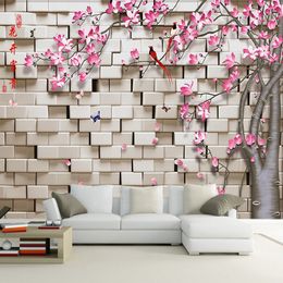 Custom Size 3D Stereo Brick Stone Peach Blossom Flowers Photo Wall Paper for Living Room Bedroom Home Decor Art Mural Wallpaper