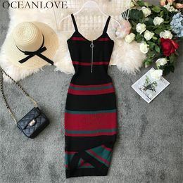 OCEANLOVE Sexy Dress Vintage Striped Bodycon Korean Zipper Vestido V-neck Knitting Stretch Midi Dresses Summer Dress Women 12132