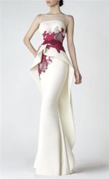 2019 Neue hochwertige Satin-bestickte Blumen bodenlange Meerjungfrau-Abendballkleider Sexy Sheer Back Design formelle Anlässe Kleider