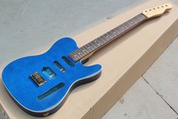 Factory Custom Blue Electric Guitar Kit(Parts) with Flame Maple Neck,Flame Maple Veneer,Gold Bridge,Semi-finished Guitar,Offer Customized