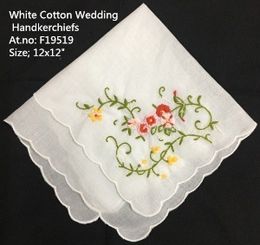 Set of 12 Fashion Wedding Bradal Handkerchief White Cotton Hankies with Scallop Edges & Color embroidery Floral Hanky 12x12-inch