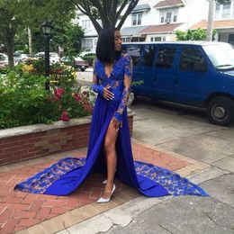 2019 Royal Blue Lace Appliques Prom Dress High side Split Unique Formal Party Dress for Black Women Homecoming Celebrity Maxi Gowns