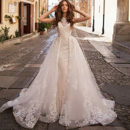 beach mermaid wedding dresses with detachable train jewel neck lace sweep train bridal gowns plus size illusion wedding dress robe de marie