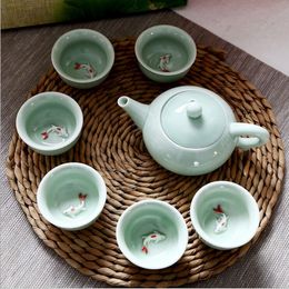 6 head Celadon fish cup carp tea set teapot opening promotion company gift box custom ceramic kung fu suit
