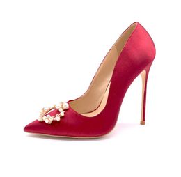 Free shipping fashion Women pumps red satin pearls point toe bride wedding shoes high heels genuine leather real photo 12cm 10cm