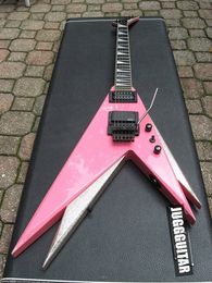 Double V Kiss Vinnie Vincent Pink / Silver Flying V Electric Guitar Floyd Rose Tremolo & Locking Nut, Copy EMG Pickups, Black Hardware