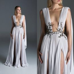 Paolo Sebastian 2020 Split Slit Prom Dresses Dubai Arabic V Neck Lace Appliqued Sexy Evening Gowns Formal dress Party Wear abendkleider