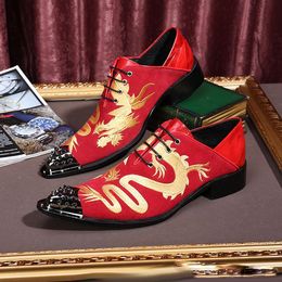 New Genuine Leather Oxford Shoes Embrodiery Gold Dragon Male Business Formal Dress Shoes Lace Up Pointed Toe Red Wedding Party