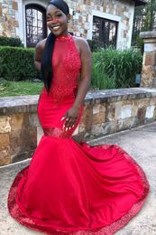 Awesome Black Girl Prom Dress Beaded Chapel Train O Neck Mermaid Red Sequin Evening Gowns Formal Dress Vestido De Formatura