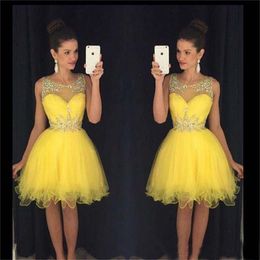 Youthful Scoop Cocktail Dresses Beaded Backless Prom Party Gowns Yellow Empire Homecoming Dresses