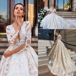 Luxury Dubai Arabic Sexy Deep V Neck A-Line Wedding Dresses Long Sleeves Lace Applique Button Back Court Train Wedding Dress Bridal Gowns