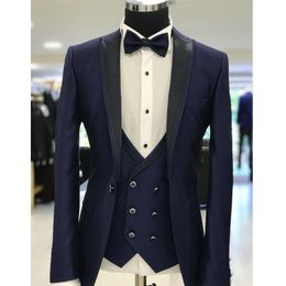 High Quality One Button Navy Blue Groom Tuxedos Peak Lapel Men Suits Wedding/Prom/Dinner Best Man Blazer (Jacket+Pants+Vest+Tie) W385