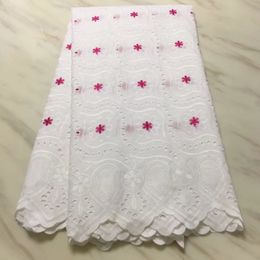 5Yards Nice looking white african cotton fabric with fuchsia flower swiss voile lace embroidery for dress BC38-1