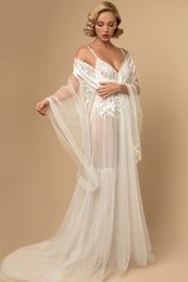 Illusion Two Peice Suit Women Bath Robes Spaghetti Sleeveless Appliques Tulle Bridal Robe Floor Length Bath Robe