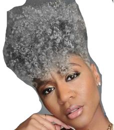 capello umano Silver Grey Afro Puff Panino Con Bang Coda di cavallo Hairpieces afroamericano Breve Afro crespo ricci coulisse Coda di cavallo Hair Extension