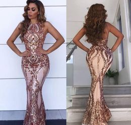 2019 Cheap Rose Gold Prom Dress Mermaid Sequins Backless Pageant Holidays Wear Graduation Evening Party Gown Custom Made Plus Size