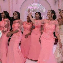 Peach Pink Mermaid Bridesmaid Dresses 2020 Half Sleeves Illusion Lace Applique Scalloped Beaded African Plus Size Maid Of Honor Gown 401 401