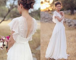 Cheap Bohemia A Line Summer Beach Dresses V Neck Appliques Lace Chiffon Open Back Floor Length Arabic Plus Size Wedding Bridal Gowns