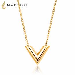 Martick 316L Stainless Steel Gold-color V Letter Shap Pendant Necklace Link Chain Necklace Fashion Jewelry Top Quality for Girl