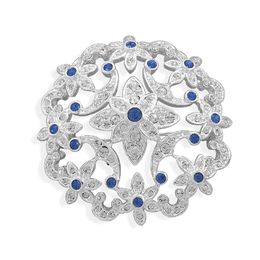 1.8 Inch Rhodium Silver Tone Clear and Royal Blue Rhinestone Crystal Diamante Floral Wedding Brooch Vintage