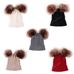 5 Colors Baby Knitted Hats Double Fur ball Pom Pom Beanies Twist Crochet Caps Winter Warm Infant Kids Boys Girls Cap