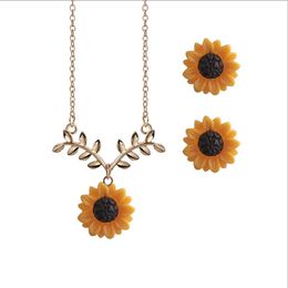Femmes Fleur Boucles d/'oreilles tournesol Collier Feuille Branch Pendentif Bijoux Set