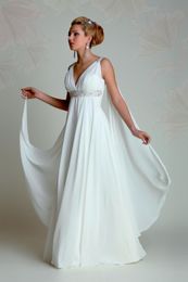 Vestidos de novia de la diosa griega 2019 Cuello en V Imperio Una línea Longitud total Rebordear Gasa blanca Vestidos de novia de playa de verano con tren Watteau