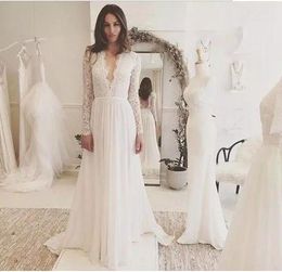 Latest Design Aline Long Illusion Sleeve Sweep Train Lace Beauty Chiffon Wedding Dress with Deep V Shaped Back